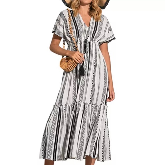 Elan Boho Maxi Dress slits on sides Black & White sz Lg (can fit XL) - Picture 6 of 11